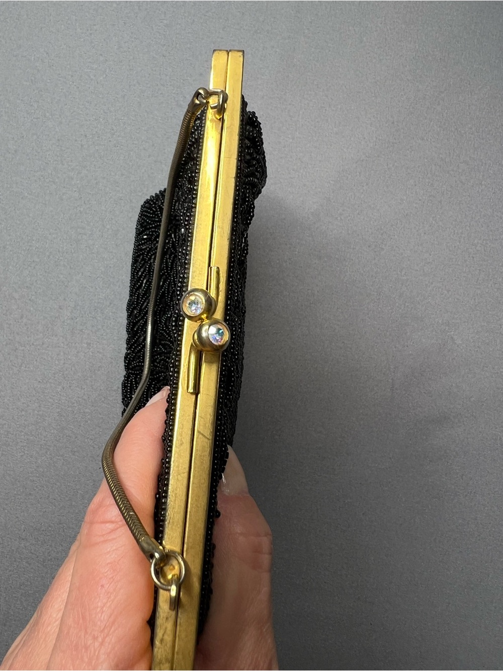 Vintage Black Beaded Evening Bag Gold Frame Wedding Clutch - Picture 10 of 10